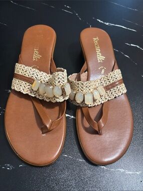 Toscanella Tan Woven Gemstone Toe-Post Sandals